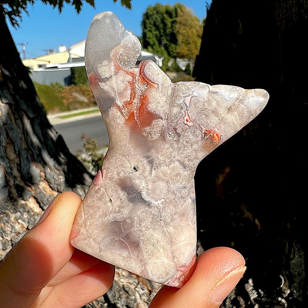 Pink Creamy Flower Agate Mermaid Tail Carving